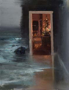 an oil painting of a door leading into a room with a christmas tree in the corner