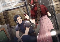 an anime scene with two people sitting on the floor