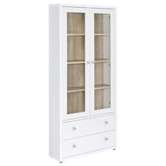 a white cabinet with two drawers and glass doors