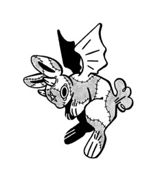 a black and white drawing of a cartoon character flying through the air with its mouth open