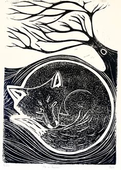 a black and white drawing of a fox sleeping in the water next to a tree