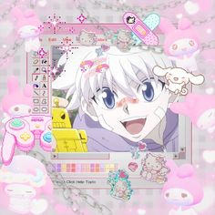 an anime character with blue eyes and white hair, surrounded by other characters in pink