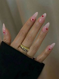 Nails Inspo Pink Almond, Nails Almond Heart, Red Pattern Nails, Long Nails Design 2024, Almond Nail Designs Trending Now, Croquette Nails, Nails Long Almond, Neutral Nails Acrylic, Gold Gel Nails