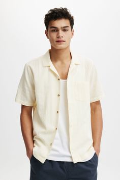 Features:   - Short sleeve - Straight hem - chest pocket - button up - collared shirt Breezy Shirt, Casual Denim Shirt, Halter Shirt, Urban Apparel, Boys Outfits, Casual Knitwear, Long Sleeve And Shorts, Pullover Cardigan, Festival Looks