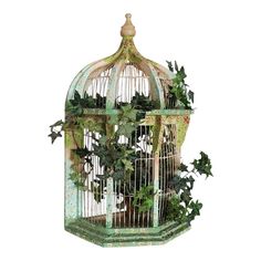 a green bird cage with ivy growing out of it's top and bottom part