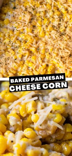 baked parmesan cheese corn in a casserole dish with text overlay