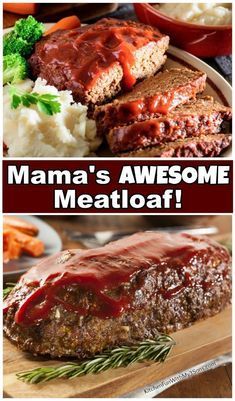 meatloaf with sauce and mashed potatoes on the side