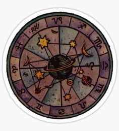 an astro wheel with stars and planets painted on the side in purple, yellow and blue