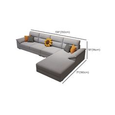 a sectional couch with pillows and measurements for the seat area, including the back end