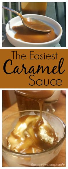 caramel sauce is being poured into a glass bowl with spoons on the side