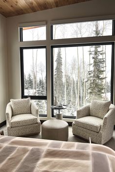 a bedroom with two chairs and a bed in front of large windows that look out onto the woods