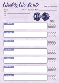 a printable workout plan with dumbs and weights on it, in purple tones