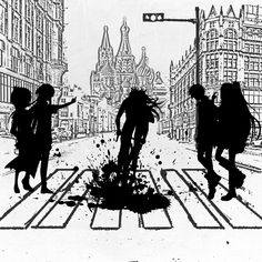 black and white drawing of people walking across a crosswalk with buildings in the background