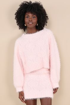 We're obsessed with how seasonally sweet the Glamorous Wintery Aura Light Pink Fuzzy Cable Knit Sweater Mini Skirt is! Fuzzy, chenille-like sweater knit shapes this cozy skirt with a cable knit design across the front of the bodycon silhouette. The high, elasticized waistband falls to a flirty mini hem, both adorned with contrasting ribbed knit. Pair with the matching sweater for a complete look! Fit: This garment fits true to size. Length: Mid-thigh. Size medium measures 17.75" from waist to he Cozy Pink Knit Cropped Sweater, Cozy Skirt, Aura Light, Sweater Mini Skirt, Sweater Knit Skirt, Knit Cropped Sweater, Matching Sweaters, Fuzzy Sweater, Cable Knit Sweater