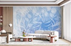 Icy Blue Leaves Wallpaper Mural for home interior design Blue Leaves Wallpaper, Leaf Mural, Leaf Patterns, Leaves Wallpaper, Art Deco Wall, Leaf Wallpaper, Blue Leaves