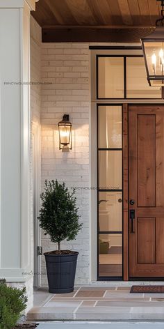 the front door to a home with two potted plants on the porch and lights above it