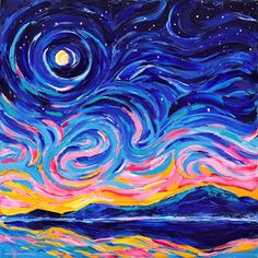 an acrylic painting of the night sky with stars and clouds in it,