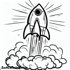 a black and white drawing of a rocket flying through the sky with clouds around it