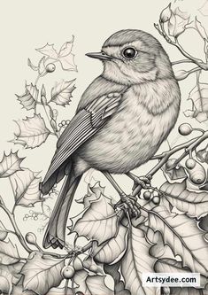 a drawing of a bird sitting on top of a tree branch with leaves and berries