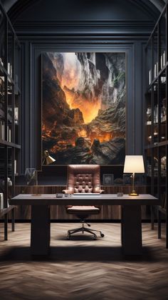 an office with a large painting on the wall and a leather chair in front of it