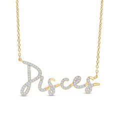 Show off your intuitive sign with sparkle and style when you wear this charming diamond Pisces script necklace in gold-plated silver. Crafted in sterling silver with 14K gold plate The word "Pisces" is sculpted in a whimsical script font and lined with 1/3 ct. t.w. of diamonds. This 18.0-inch cable chain necklace secures with a spring-ring clasp. Adjustable to 16.0 inches Zales Necklace, Pisces Necklace, Script Necklace, Cable Chain Necklace, Script Font, Gold Plated Silver, Cable Chain, Spring Rings, Chain Necklace