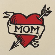 a heart with an arrow and the word mom on it is shown in black ink