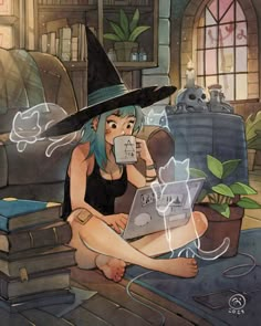 a woman sitting on the floor in front of a stack of books while holding a cup