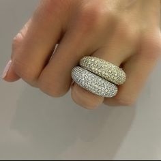 This statement ring is loaded with sparkly diamonds, and is absolutely stunning. The dome shape is a classic style, and looks gorgeous stacked with multiple rings. Available in 14k yellow, rose or white gold 5.12ctw diamonds By Curated by AB Gold Donuts, Donut Ring, Push Presents, Multiple Rings, Diamond Necklace Designs, Dome Ring, Domed Ring, Fat Free, Anniversary Bands