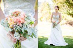 the bride is holding her wedding bouquet and posing for pictures in front of some trees