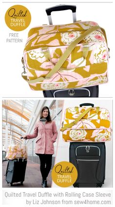 an image of luggage with the words quilted travel duffle written in gold and pink