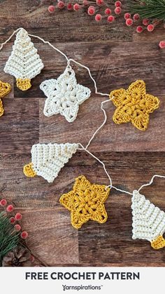 crochet christmas ornaments on a wooden table