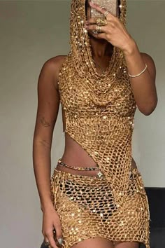 Knitted Sequin 3 Piece Skirt Sets Summer Rave Outfits, Knitted Coord, Rave Festival Outfits, Hooded Crop Top, Backless Tank Top, Fest Outfits, Gold Skirt, Looks Party, Backless Top