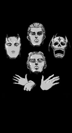 four different faces and hands on a black background