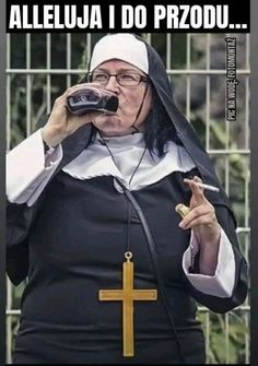 a nun holding a cell phone up to her ear while wearing a black outfit with a cross on it