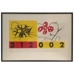 an art piece with numbers and symbols in black, red, yellow and white colors