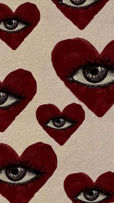 an eye is surrounded by red heart shaped shapes on a white background with black and gray eyes