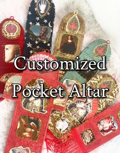 a pile of assorted items with the words customized pocket altar