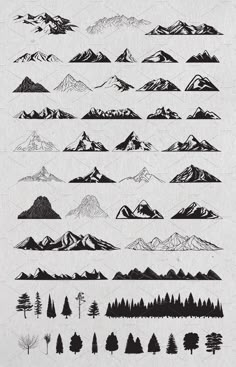 an image of mountains and trees drawn on paper