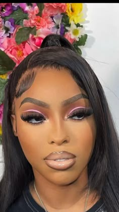 Pop Of Color Makeup Black Women, Pink Mascara Looks, Birthday Eye Makeup, Gender Reveal Makeup Ideas, Light Pink Makeup Looks, Baby Shower Makeup Ideas, Pink Makeup Looks Black Women, Exotic Makeup Looks, Soft Glam Eye Makeup