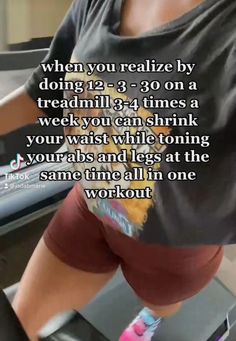 a woman is running on a treadmill with the words when you relize by doing