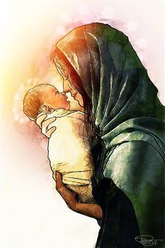 a drawing of a woman holding a baby in her arms and wearing a hoodie