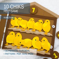 This is a digital sewing pattern with a brief PDF tutorial of how to sew the counting game with funny felt chicks The game includes 10 finger puppets, 10 roun Binky Clips Diy, Felt Games, Felt Monster, Felt Finger Puppets, Polymer Clay Kawaii, Softie Pattern, Monkey Stuffed Animal, Game Template, Felt Books