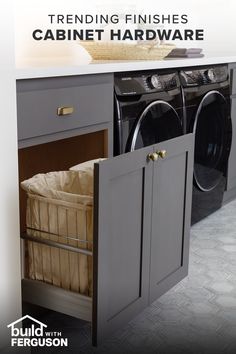 an image of a kitchen with the words trending finishes cabinet hardware