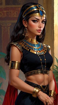 an egyptian woman wearing gold jewelry and black dress with her hands on her hips, posing for the camera