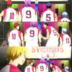 two anime characters are talking to each other in front of a basketball court with the number nine on it