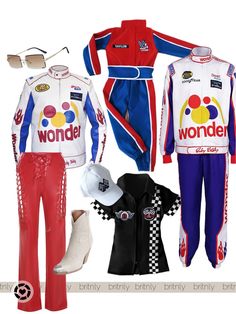 two men's racing suits and one woman's suit with sunglasses on them