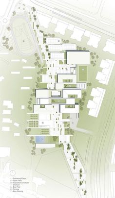 an aerial view of the building and surrounding area, with lots of trees on each side