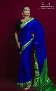 Mysore Crepe Pure Silk Saree in Deep Royal Blue, Shamrock Green and Brush Gold Deep Royal Blue