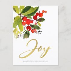 a card with the words blessing written in gold lettering and red berries on white background