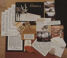 an assortment of papers and postcards on a wooden surface with the word elements written below them